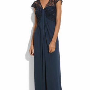 Tadashi Shoji Illusion Bodice Draped Jersey Blue Gown